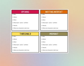 Scene Writing Notecards with plot scene labels format for 8x11 printing with scene prompts