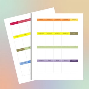 May include: Two white sheets of paper featuring a grid layout with colored rectangular headers containing text. The text includes labels such as Opening, Setup, Consideration, Back and Forth, Threshold, Unraveling, Loss, Betrayal, Plan Thwarted, Regroup, New Plan, Resolution, and Final Image.