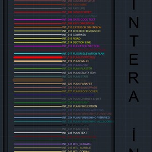 K&ouml;nnte beinhalten: Ein Schwarzwei&szlig;diagramm mit einer Liste von Innendesignelementen, darunter "INT_002 HATCH", "INT_003 COLORED HATCH", "INT_004 AXIS NAME", "INT_005 AXIS LINE", "INT_006 LAND BORDER", "INT_007 PULLING DISTANCE", "INT_008 GATE CODE TEXT", "INT_009 AXIS DIMENSION", "INT_010 EXTERIOR DIMENSION", "INT_011 INTERIOR DIMENSION", "INT_012 COMPASS", "INT_013 ROAD", "INT_014 SECTION LINE", "INT_015 ELEVATION SECTION", "INT_017 FLOOR ELEVATION PLAN", "INT_018 PLAN (PORTERS)", "INT_019 PLAN WALLS", "INT_020 PLAN MOTIF", "INT_021 PLAN PLASTER", "INT_022 PLAN DILATATION", "INT_023 PLAN STAIR", "INT_024 PLAN SOIL", "INT_025 PLAN PARAPET", "INT_026 PLAN BALUSTRADE", "INT_027 PLAN ROOF COVER", "INT_028 PLAN ELEVATOR", "INT_029 PLAN CHIMNEY SHAFT", "INT_030 PLAN PLANT", "INT_031 PLAN PROJECTION", "INT_032 PLAN DOORS-WINDOWS", "INT_033 PLAN FURNISHING-FURNITURE", "INT_034 PLAN FURNISHING-VITRIFIED", "INT_035 PLAN FURNISHING-ACCECORIE", "INT_036 PLAN HATCH", "INT_037 PLAN FLOOR", "INT_038 PLAN TEXT", "INT_040 PLAN LANDSCAPE", "INT_041 MTL_CERAMIC", "INT_042 MTL_MARBLE", "INT_043 MTL_CORIAN", "INT_044 MTL_METAL", "INT_045 MTL_COLORED METAL", "INT_046 MTL_GLASS", "INT_047 MTL_MIRROR", "INT_048 MTL_WALLBOARD".