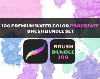 May include: A digital illustration of watercolor brush strokes in various shades of pink, purple, blue, and green. The text "100 PREMIUM WATER COLOR PROCREATE BRUSH BUNDLE SET" is displayed at the top of the image. Two square icons are displayed below the text. The left icon is black with a rainbow-colored brush stroke. The right icon is white with the text "BRUSH BUNDLE 100" in pink and green.