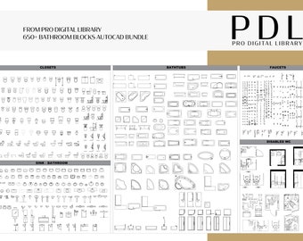 Könnte beinhalten: Eine Schwarzweiß-Zeichnung mit über 650 Badezimmerarmaturen und -einrichtungen für AutoCAD. Das Bild zeigt eine Vielzahl von Toiletten, Waschbecken, Badewannen, Wasserhähnen und behindertengerechten WC-Designs.
