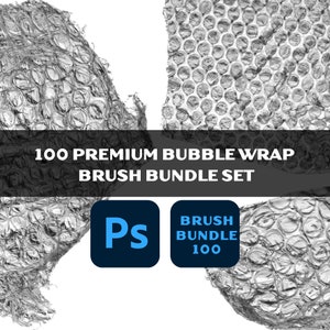Könnte beinhalten: Ein Set mit 100 Photoshop-Pinseln mit Luftpolsterfolien-Texturen. Das Bild zeigt drei verschiedene Luftpolsterfolien-Texturen, jede mit einem einzigartigen Muster. Der Text "100 PREMIUM BUBBLE WRAP BRUSH BUNDLE SET" ist in schwarzer Schrift auf weißem Hintergrund dargestellt. Der Text "Ps" ist in blauer Schrift auf schwarzem Hintergrund dargestellt. Der Text "BRUSH BUNDLE 100" ist in blauer Schrift auf weißem Hintergrund dargestellt.