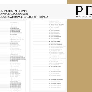 K&ouml;nnte beinhalten: Ein Schwarzwei&szlig;bild, das eine Liste von 105 eindeutigen AutoCAD-Layern mit Namen, Farben und Dicken zeigt. Der Text "FROM PRO DIGITAL LIBRARY" und "PDL PRO DIGITAL LIBRARY" ist im Bild sichtbar.