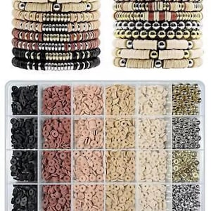 May include: A set of 10 bracelets with different patterns and colors, including beige, brown, and black. The bracelets are made of beads and are packaged in a clear plastic box with compartments filled with various beads and charms.