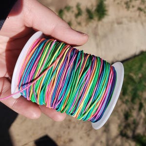 Può includere: Un rocchetto di filo elastico colorato in tonalità di rosa, verde, blu e giallo. Il filo è avvolto attorno a un rocchetto di plastica bianco.