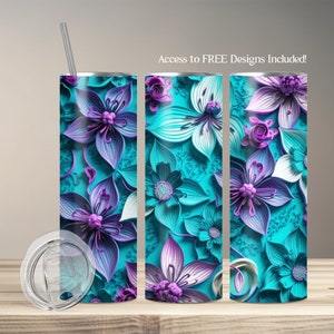 Purple and Blue 3D Flower Design | 20oz Straight Skinny Tumbler | PNG | Flower Tumbler Wrap | Turquoise Tumbler Wrap | Teal Tumbler Wrap