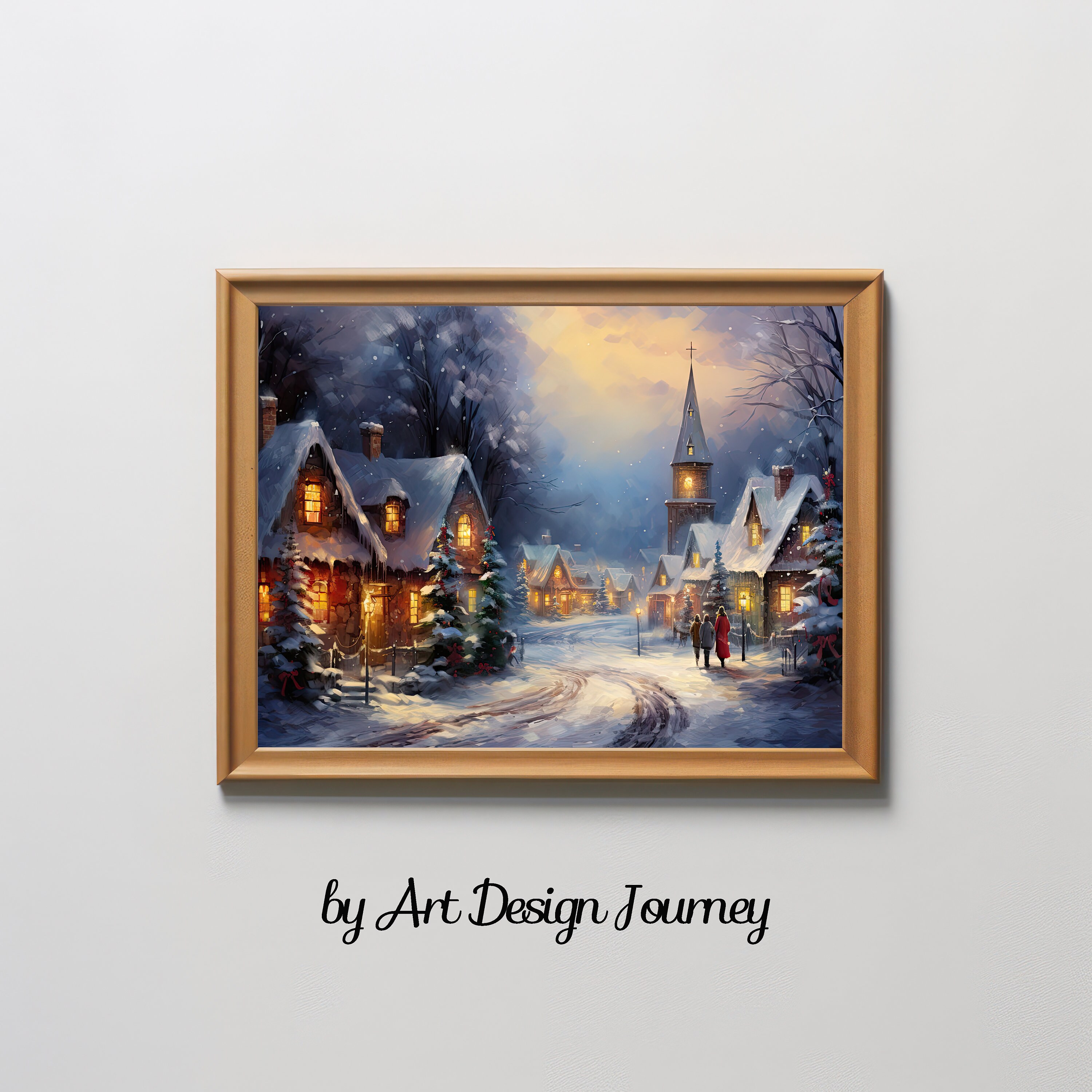 Vintage Winter Village Art Christmas Winter Street Snowy Night Walk ...