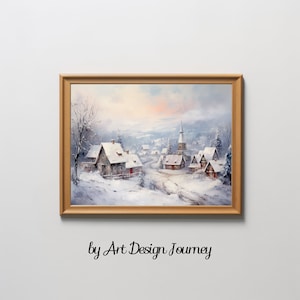 Vintage Winter Village Art | Snowy Winter Town | Snowy Houses Mountains and Forests| Holiday Wall Art | Christmas Winter Town Decor  |