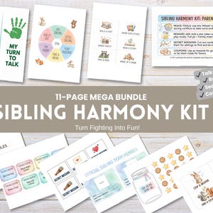 Könnte beinhalten: Ein Set ausdruckbarer Seiten für ein Geschwister-Harmonie-Kit. Das Kit enthält Seiten mit dem Text "My Turn to Listen" und "My Turn to Talk", einen "Sibling Harmony Kit: Parent Guide" und andere Seiten mit Tierillustrationen und Text. Entwickelt, um Kämpfe in Spaß zu verwandeln.