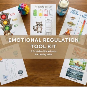 Puede incluir: Un "Kit de herramientas de regulación emocional" con 5 hojas de trabajo imprimibles para habilidades de afrontamiento. La imagen incluye hojas de trabajo con ilustraciones de un semáforo, un mapache, un termómetro y un detective corporal.