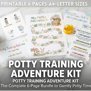 Peut inclure: Un kit d'apprentissage de la propreté avec des pages imprimables. Comprend un jeu de société, un diplôme et des instructions. Un canard en plastique jaune et des ciseaux sont également visibles. Le kit est conçu pour gamifier l'apprentissage de la propreté.