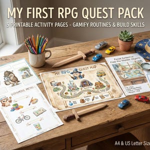 May include: A wooden table displays a "My First RPG Quest Pack" with printable activity pages. The scene includes a wizard hat, toy cars, wooden swords, colored pencils, and a small potted plant. The text on the pages includes "Quest Map" and "Dopamine Menu".