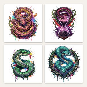 Puede incluir: Cuatro ilustraciones gráficas cuadradas con serpientes. Una muestra una serpiente rosa y amarilla enroscada, otra una serpiente alrededor de un reloj de arena, la tercera una serpiente verde con lengua roja y la cuarta una serpiente verde rodeada de enredaderas espinosas.