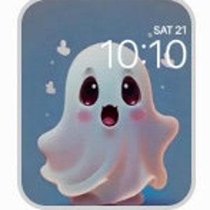 May include: A cute cartoon ghost with big eyes and a wide smile. The ghost is white and has a light blue background. The text "SAT 21 10:10" is in the upper right corner of the image.