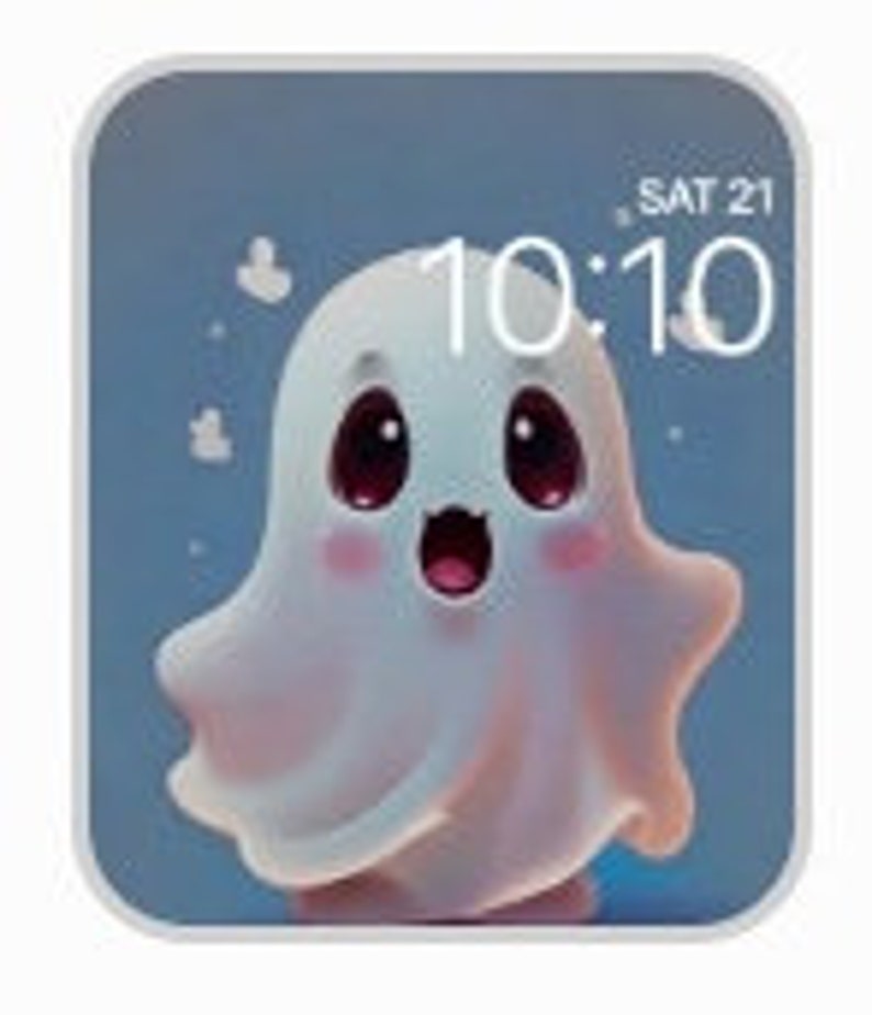 May include: A cute cartoon ghost with big eyes and a wide smile. The ghost is white and has a light blue background. The text "SAT 21 10:10" is in the upper right corner of the image.