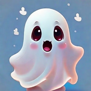 May include: A white cartoon ghost with big eyes and a wide open mouth, smiling. The ghost is against a light blue background with white dots.
