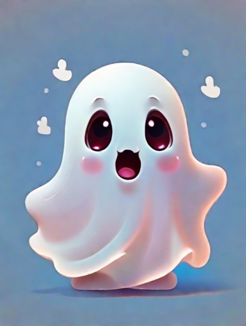 May include: A white cartoon ghost with big eyes and a wide open mouth, smiling. The ghost is against a light blue background with white dots.