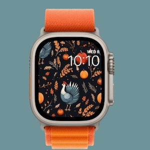 Thanksgiving Harvest Abundance Pattern with a turkey, leaves, fruit, and grains Apple watch wallpaper - Instant Download