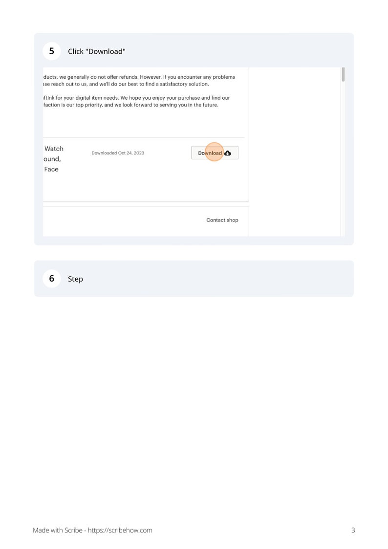 May include: A screenshot of a website with instructions on how to download a digital product. The text on the screen reads "Click "Download"" and "Watch, sound, Face".