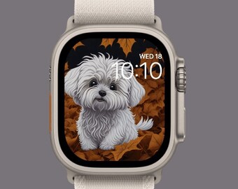 Small White Cartoon Dog Playing in Autumn Leaves Apple Watch Wallpaper Whimsical Fall Dog Art Print - Instant Download