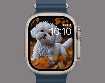 Small White Dog Playing in Autumn Leaves Apple Watch Wallpaper Whimsical Fall Dog Art Print - Instant Download