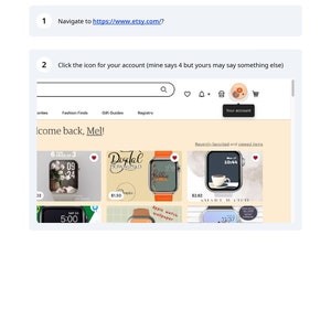 May include: A screenshot of the Etsy website showing a user's account page. The page features a search bar, a welcome message, and a selection of recently favorited and viewed items. The items include digital downloads for Apple Watch faces and a smart watch face.