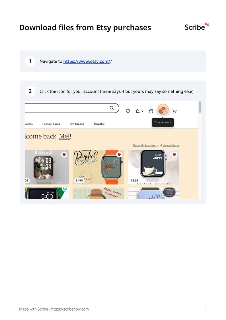 May include: A screenshot of the Etsy website showing a user's account page. The page features a search bar, a welcome message, and a selection of recently favorited and viewed items. The items include digital downloads for Apple Watch faces and a smart watch face.