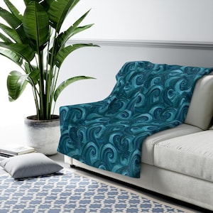 Teal Wave Swirls Sherpa Blanket | Ocean Wave Pattern