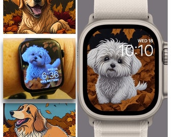 Dog Bundle of 5 apple watch wallpaper 3 Small White Dogs Playing in Autumn Leaves 1 yellow lab 1 cartoon Collie - Instant Download