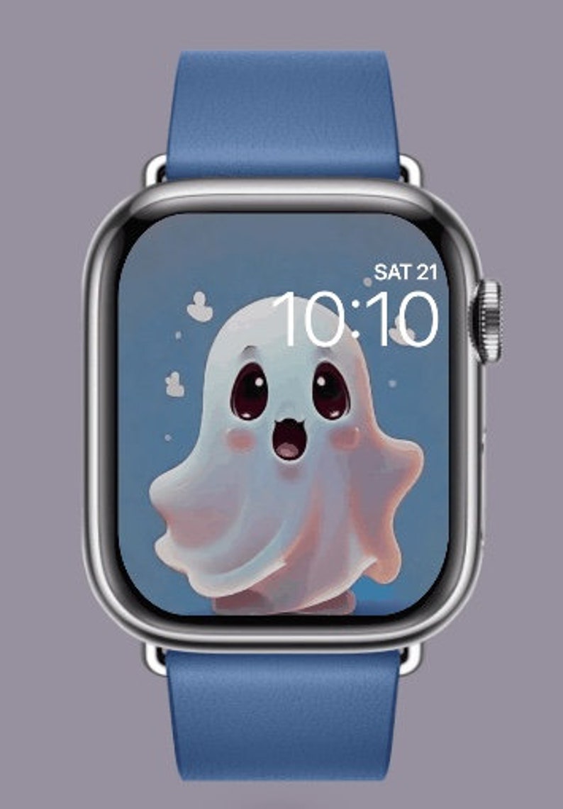 May include: A blue Apple Watch with a white ghost cartoon on the screen. The time is 10:10 and the date is SAT 21.