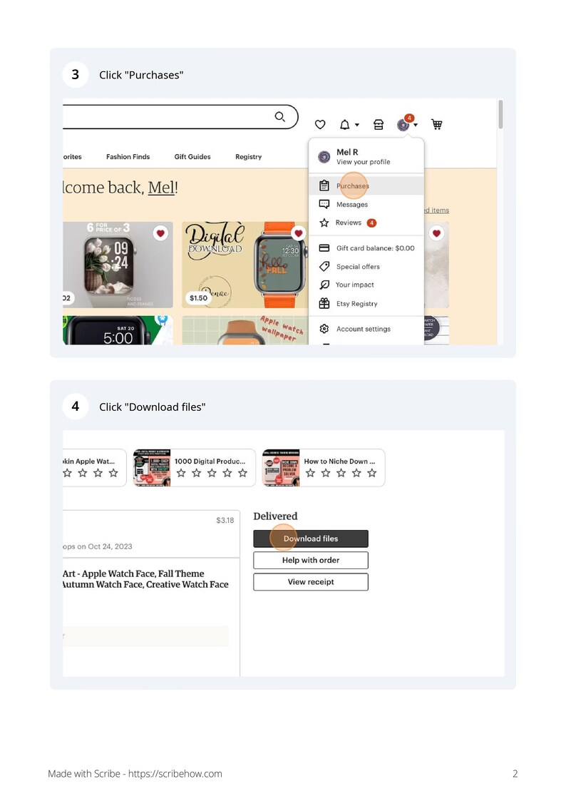 May include: A screenshot of an Etsy shop's purchase history page. The page shows a list of recent purchases, including a digital download of an Apple Watch face. The download is marked as "Delivered" and the user can choose to download the files, help with the order, or view the receipt.