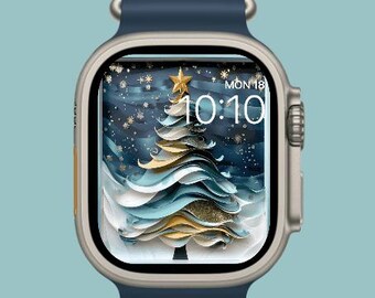 Elegancka świąteczna choinka Apple Watch Tarcza | Tapeta cyfrowa Winter Wonderland w wysokiej rozdzielczości