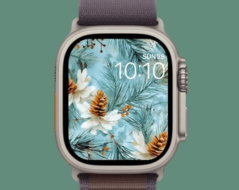 Apple watch wallpaper, Winter Christmas snowy pine tree branches winter landscape showing pine needles and pine cones -  Instant Download