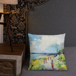 May include: A watercolor painting of a group of people riding bicycles on a path along a body of water. The sky is blue with white clouds and the water is a light blue. The path is lined with green trees and bushes.