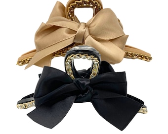 Bestiee 2-packs Hair Bow Claw Clips for Women Girls, 5.9" Elegant Bow Hair Ribbon Design, Satin Bow Claw Clips | Gift Ideas | Black, Golden
