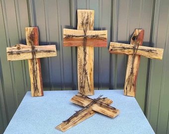 Raw Rustic Cedar and Barbed Wire Cross Wall Hanging Decor