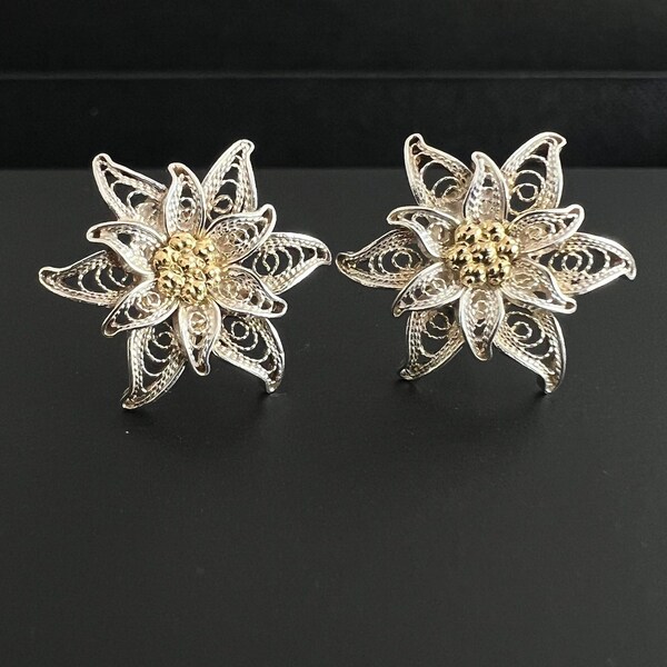 Sterling silver Earrings Stella Alpina "Edelweiss" 800 Silver Filigree center gold plated Handcrafted made in Italy, Daisy Dahlia Sunflower