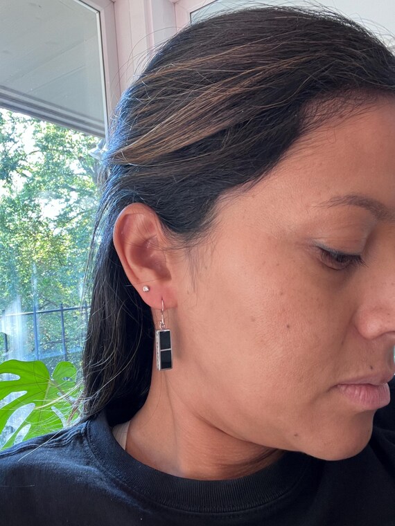 Sterling Silver Onyx Dangle Earrings: Black Gemst… - image 1