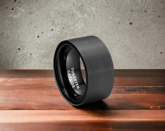 Men's 8mm Black Tungsten Carbide Ring - Two-Tone Brushed Finish, Comfort Fit (Size 9.5)