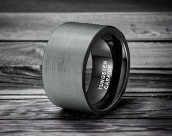 12mm Silver Brushed Black Finish Tungsten Carbide Ring - Mens Rings - Mens Wedding Ring
