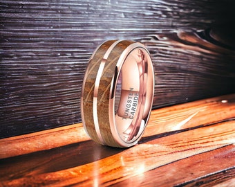 8mm Rose Gold Whisky Barrel Oak Wood with Rose Gold Inlay Tungsten Ring - Mens Rings - Mens Wedding Ring
