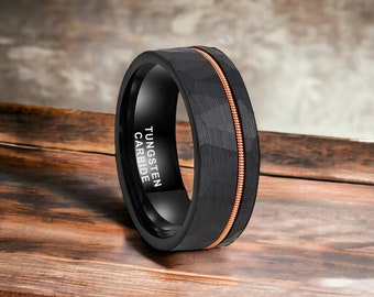 8mm Black Hammered Tungsten Ring With Guitar String Inlay - Mens Rings - Mens Wedding Ring