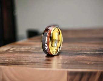8mm Gold Tungsten Ring with Silver Arrow Inlay and Koa Wood - Mens Rings - Mens Wedding Ring