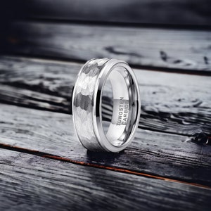 8mm Silver Bevelled Edges Hammered Tungsten Ring - Mens Rings - Mens Wedding Ring