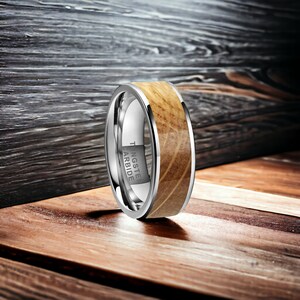 8mm Silver Bevelled Whisky Barrel Wood Tungsten Ring - Mens Rings - Mens Wedding Ring
