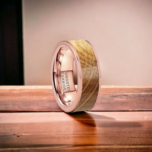 8mm Rose Gold Bevelled Whisky Barrel Wood Tungsten Ring - Mens Rings - Mens Wedding Ring