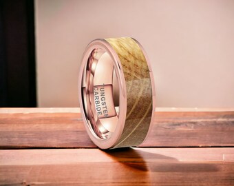 8mm Rose Gold Bevelled Whisky Barrel Wood Tungsten Ring - Mens Rings - Mens Wedding Ring