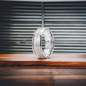 8mm Polished Silver Tungsten Ring with Rose Gold Arrow Inlay - Mens Rings - Mens Wedding Ring