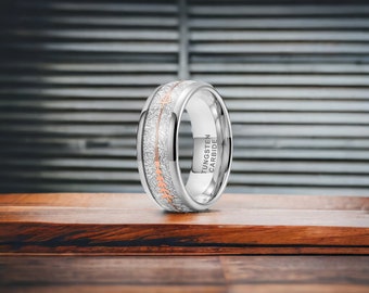 8mm Polished Silver Tungsten Ring with Rose Gold Arrow Inlay - Mens Rings - Mens Wedding Ring