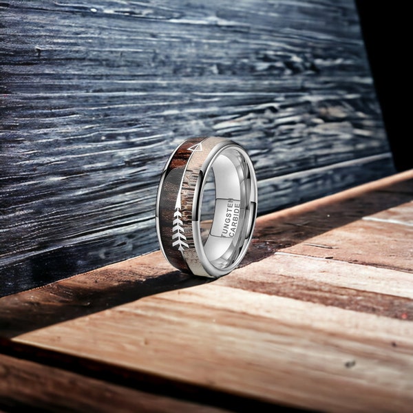 8mm Silver Tungsten Ring with Silver Arrow Inlay and Koa Wood/Deer Antler - Mens Rings - Mens Wedding Ring